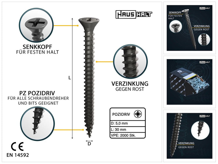 HausHalt Universal Holzbauschraube Holzschraube 5,0 x 30 mm PZ2 2000 Stk. ( 4x 000051371189 ) silber verzinkt Kreuzschlitz Pozidriv Senkkopf Vollgewinde - Toolbrothers