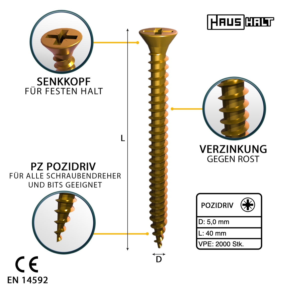 HausHalt Universal Holzbauschraube Holzschraube 5,0 x 40 mm PZ2 2000 Stk. ( 4x 000051371192 ) gelb verzinkt Kreuzschlitz Pozidriv Senkkopf Vollgewinde - Toolbrothers