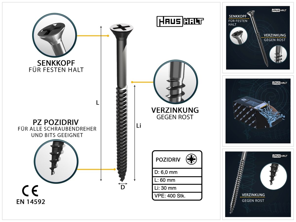 HausHalt Universal Holzbauschraube Holzschraube 6,0 x 60 mm PZ3 400 Stk. ( 2x 000051371229 ) silber verzinkt Kreuzschlitz Pozidriv Senkkopf Teilgewinde - Toolbrothers