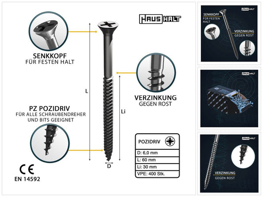 HausHalt Universal Holzbauschraube Holzschraube 6,0 x 60 mm PZ3 400 Stk. ( 2x 000051371229 ) silber verzinkt Kreuzschlitz Pozidriv Senkkopf Teilgewinde - Toolbrothers