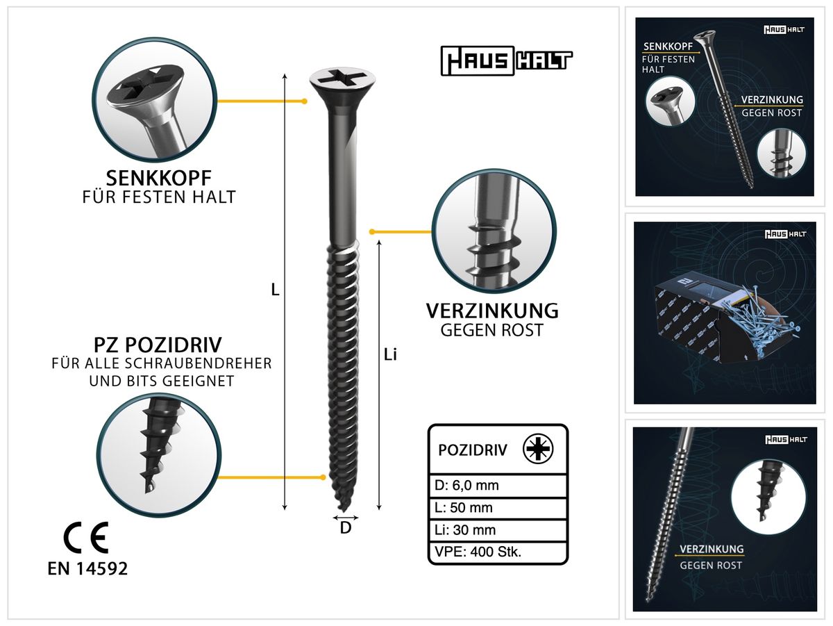 HausHalt Universal Holzbauschraube Holzschraube 6,0 x 50 mm PZ3 400 Stk. ( 2x 000051371227 ) silber verzinkt Kreuzschlitz Pozidriv Senkkopf Teilgewinde - Toolbrothers