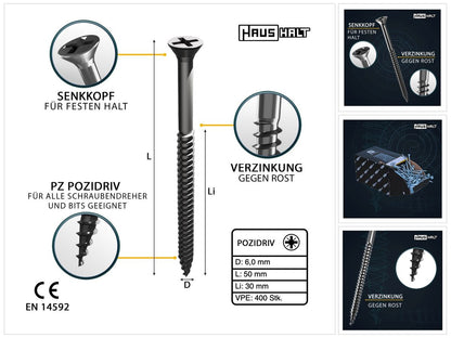 HausHalt Universal Holzbauschraube Holzschraube 6,0 x 50 mm PZ3 400 Stk. ( 2x 000051371227 ) silber verzinkt Kreuzschlitz Pozidriv Senkkopf Teilgewinde - Toolbrothers