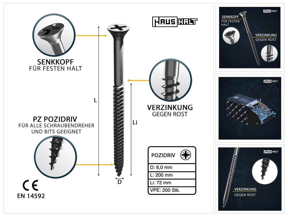 HausHalt Universal Holzbauschraube Holzschraube 6,0 x 200 mm PZ3 200 Stk. ( 2x 000051371223 ) silber verzinkt Kreuzschlitz Pozidriv Senkkopf Teilgewinde - Toolbrothers