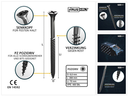 HausHalt Universal Holzbauschraube Holzschraube 6,0 x 200 mm PZ3 400 Stk. ( 4x 000051371223 ) silber verzinkt Kreuzschlitz Pozidriv Senkkopf Teilgewinde - Toolbrothers