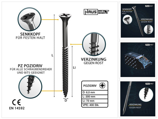 HausHalt Universal Holzbauschraube Holzschraube 6,0 x 200 mm PZ3 400 Stk. ( 4x 000051371223 ) silber verzinkt Kreuzschlitz Pozidriv Senkkopf Teilgewinde - Toolbrothers