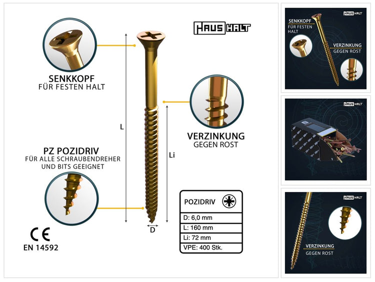 HausHalt Universal Holzbauschraube Holzschraube 6,0 x 160 mm PZ3 400 Stk. ( 4x 000051371220 ) gelb verzinkt Kreuzschlitz Pozidriv Senkkopf Teilgewinde - Toolbrothers