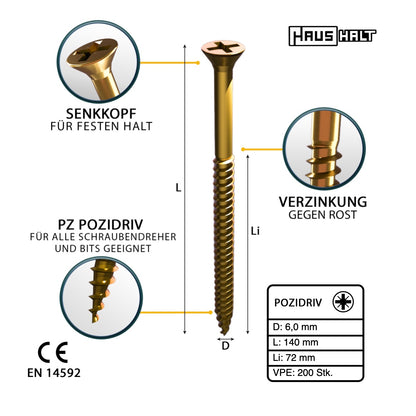 HausHalt Universal Holzbauschraube Holzschraube 6,0 x 140 mm PZ3 200 Stk. ( 2x 000051371217 ) gelb verzinkt Kreuzschlitz Pozidriv Senkkopf Teilgewinde - Toolbrothers