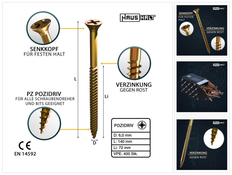 HausHalt Universal Holzbauschraube Holzschraube 6,0 x 140 mm PZ3 400 Stk. ( 4x 000051371217 ) gelb verzinkt Kreuzschlitz Pozidriv Senkkopf Teilgewinde - Toolbrothers