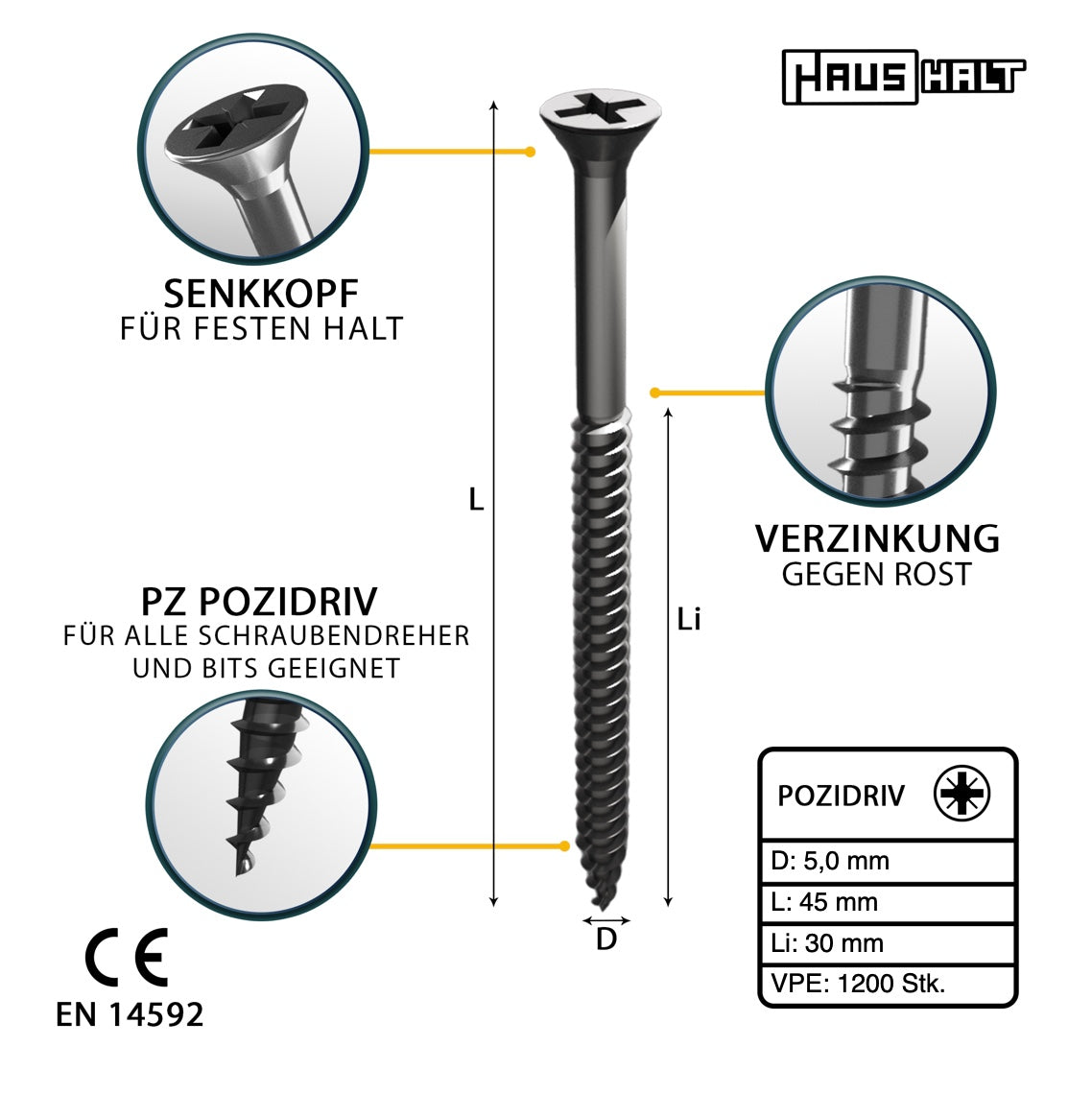 HausHalt Universal Holzbauschraube Holzschraube 5,0 x 45 mm PZ2 1200 Stk. ( 4x 000051371196 ) silber verzinkt Kreuzschlitz Pozidriv Senkkopf Teilgewinde - Toolbrothers