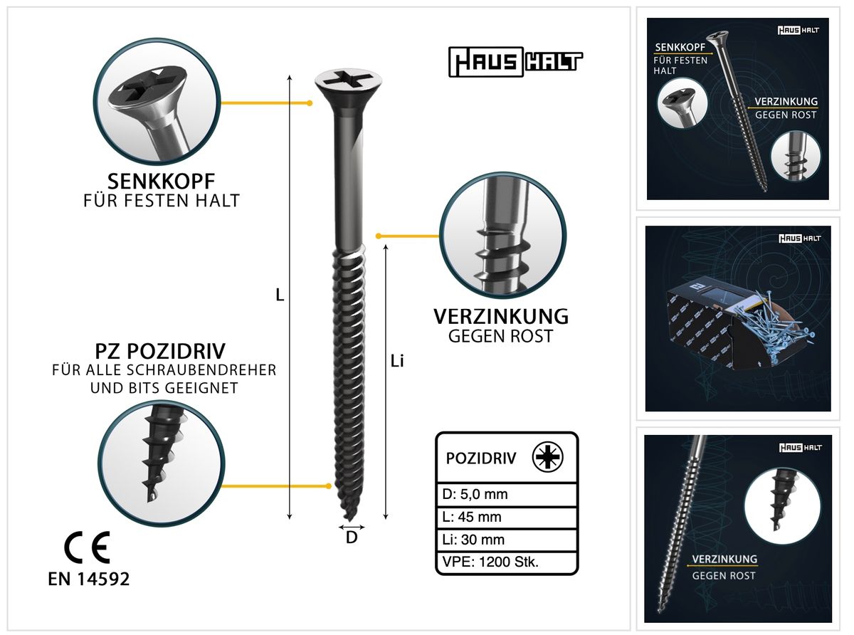 HausHalt Universal Holzbauschraube Holzschraube 5,0 x 45 mm PZ2 1200 Stk. ( 4x 000051371196 ) silber verzinkt Kreuzschlitz Pozidriv Senkkopf Teilgewinde - Toolbrothers