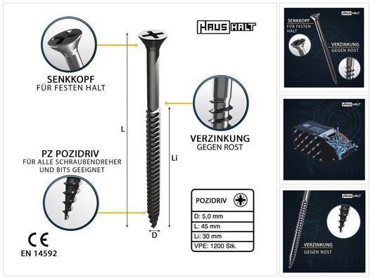 HausHalt Universal Holzbauschraube Holzschraube 5,0 x 45 mm PZ2 1200 Stk. ( 4x 000051371196 ) silber verzinkt Kreuzschlitz Pozidriv Senkkopf Teilgewinde - Toolbrothers