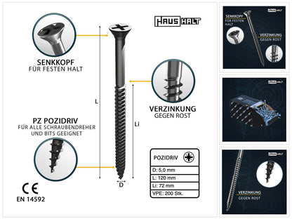 HausHalt Universal Holzbauschraube Holzschraube 5,0 x 120 mm PZ2 200 Stk. ( 2x 000051371185 ) silber verzinkt Kreuzschlitz Pozidriv Senkkopf Teilgewinde - Toolbrothers