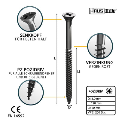 HausHalt Universal Holzbauschraube Holzschraube 5,0 x 120 mm PZ2 200 Stk. ( 2x 000051371185 ) silber verzinkt Kreuzschlitz Pozidriv Senkkopf Teilgewinde - Toolbrothers