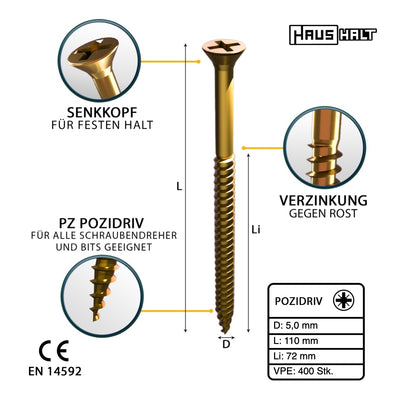 HausHalt Universal Holzbauschraube Holzschraube 5,0 x 110 mm PZ2 400 Stk. ( 4x 000051371184 ) gelb verzinkt Kreuzschlitz Pozidriv Senkkopf Teilgewinde - Toolbrothers