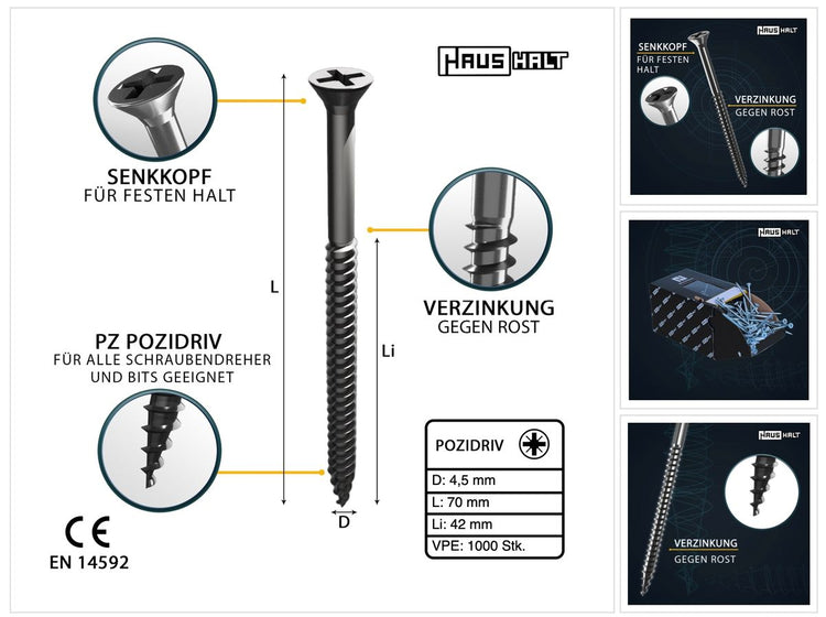 HausHalt Universal Holzbauschraube Holzschraube 4,5 x 70 mm PZ2 1000 Stk. ( 4x 000051371177 ) silber verzinkt Kreuzschlitz Pozidriv Senkkopf Teilgewinde - Toolbrothers