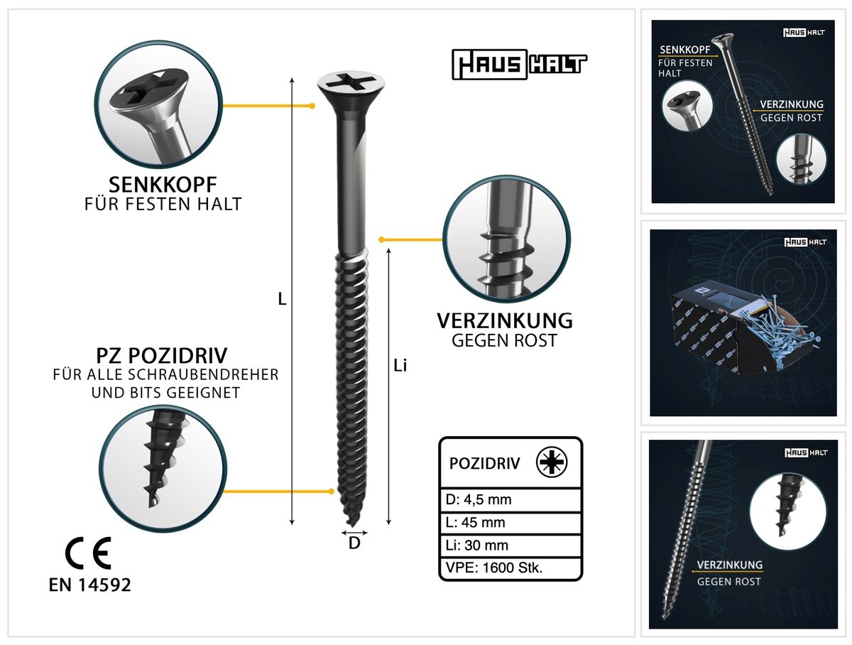 HausHalt Universal Holzbauschraube Holzschraube 4,5 x 45 mm PZ2 1600 Stk. ( 4x 000051371170 ) silber verzinkt Kreuzschlitz Pozidriv Senkkopf Teilgewinde - Toolbrothers