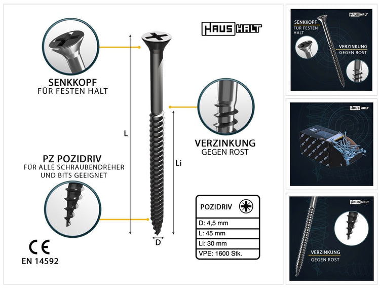 HausHalt Universal Holzbauschraube Holzschraube 4,5 x 45 mm PZ2 1600 Stk. ( 4x 000051371170 ) silber verzinkt Kreuzschlitz Pozidriv Senkkopf Teilgewinde - Toolbrothers