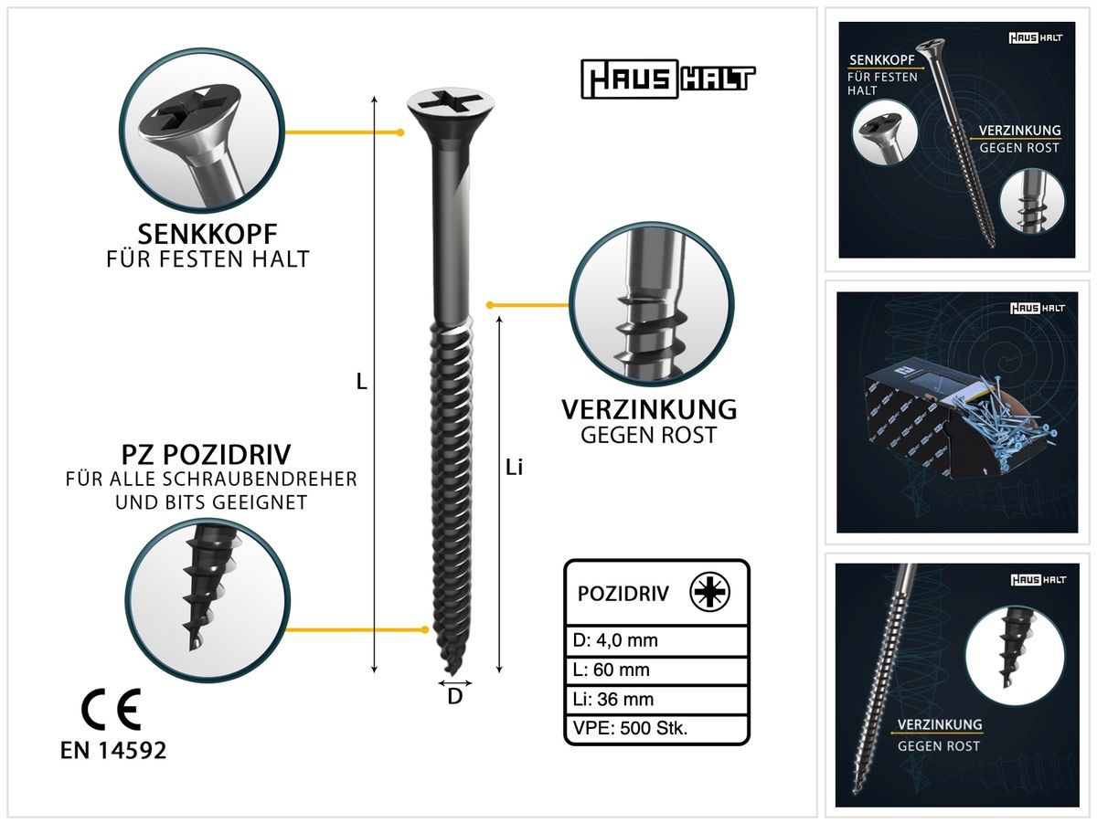 HausHalt Universal Holzbauschraube Holzschraube 4,0 x 60 mm PZ2 500 Stk. ( 2x 000051371154 ) silber verzinkt Kreuzschlitz Pozidriv Senkkopf Teilgewinde - Toolbrothers