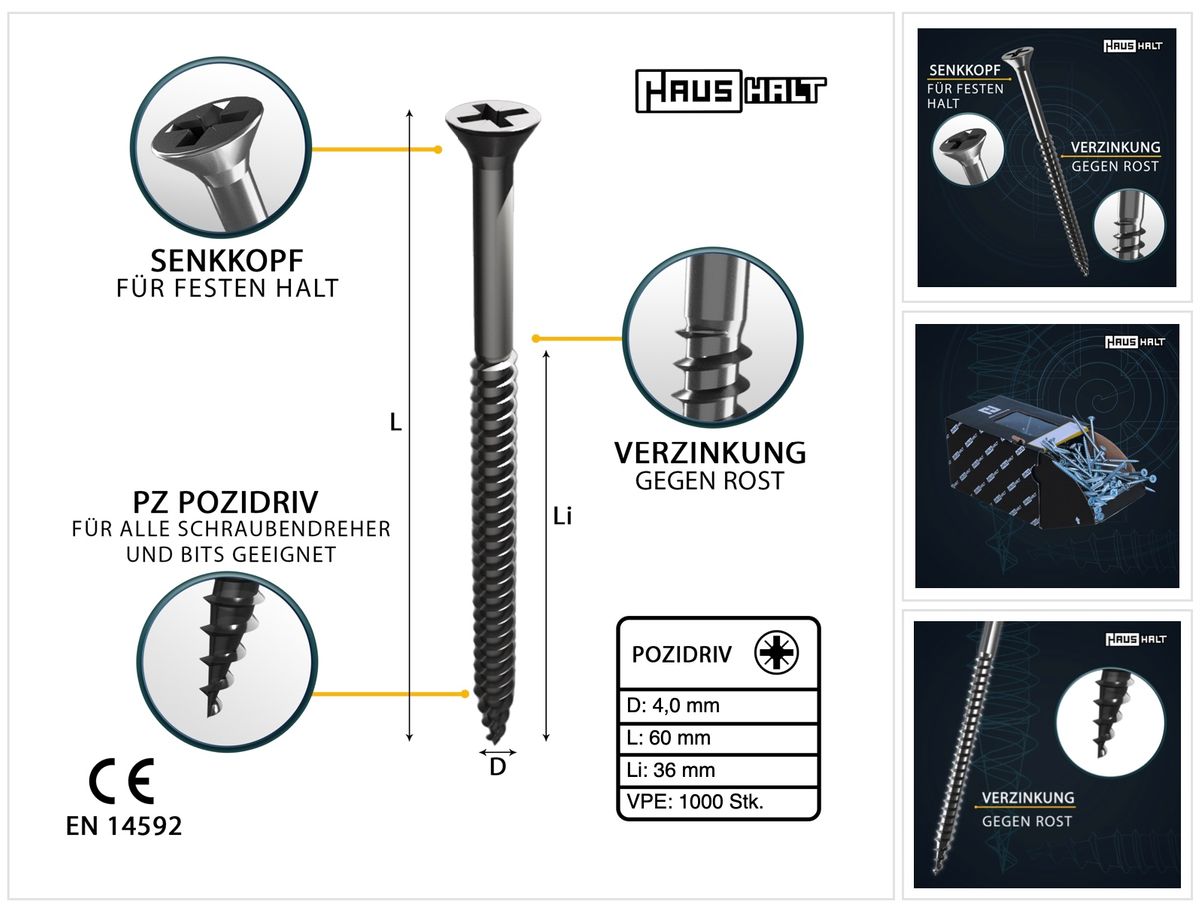 HausHalt Universal Holzbauschraube Holzschraube 4,0 x 60 mm PZ2 1000 Stk. ( 4x 000051371154 ) silber verzinkt Kreuzschlitz Pozidriv Senkkopf Teilgewinde