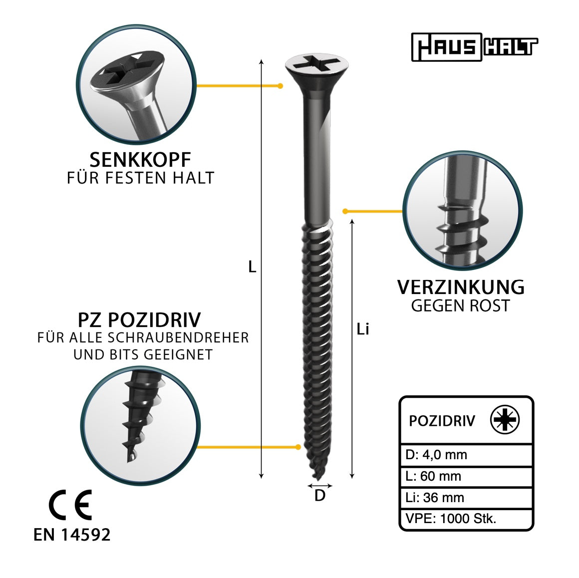 HausHalt Universal Holzbauschraube Holzschraube 4,0 x 60 mm PZ2 1000 Stk. ( 4x 000051371154 ) silber verzinkt Kreuzschlitz Pozidriv Senkkopf Teilgewinde