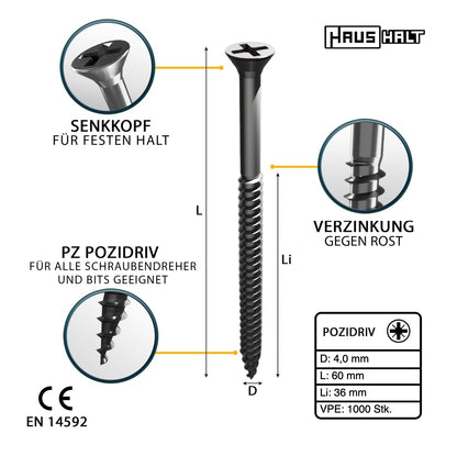 HausHalt Vis universelle pour la construction en bois Vis à bois 4,0 x 60 mm PZ2 1000 pièces (4x 000051371154) Argent galvanisé Fente cruciforme Pozidriv Tête fraisée Filetage partiel