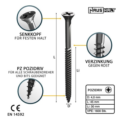 HausHalt Universal Holzbauschraube Holzschraube 4,0 x 45 mm PZ2 1600 Stk. ( 4x 000051371117 ) silber verzinkt Kreuzschlitz Pozidriv Senkkopf Teilgewinde - Toolbrothers