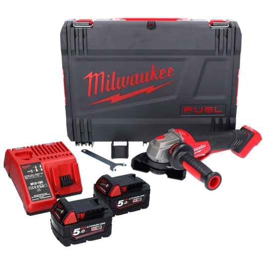 Meuleuse d'angle sur batterie Milwaukee M18 FSAGV115XPDB-502X 18 V 115 mm sans balais + 2x batteries 5,0 Ah + chargeur + boîtier HD