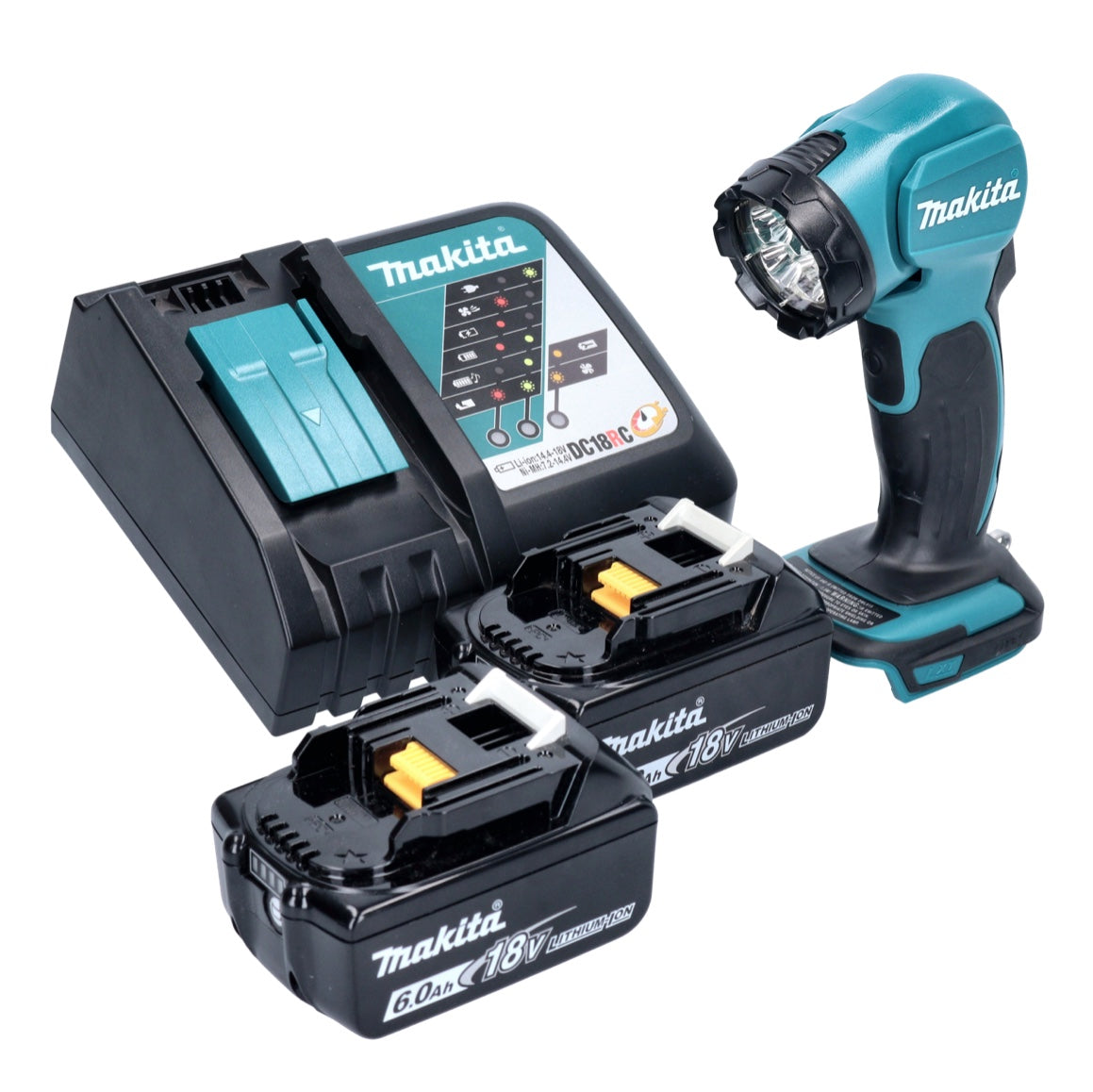 Makita DEADML 815 RG LED lampe à main sur batterie 14,4 - 18 V 160 lm + 2x batteries 6,0 Ah + chargeur