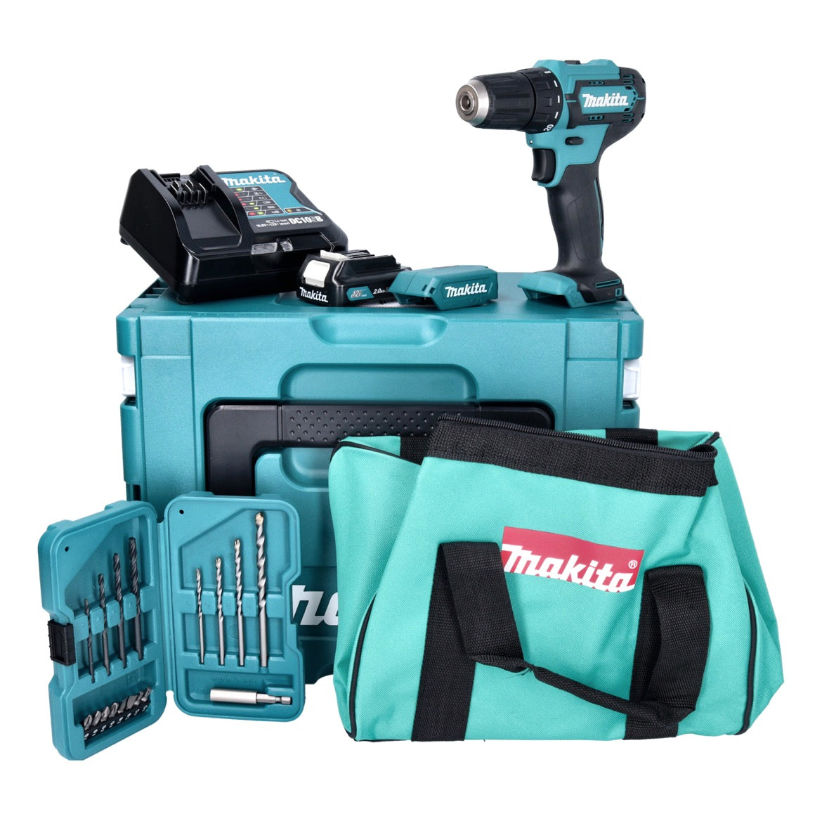 Makita DF 333 DSAX6 Akku Bohrschrauber 12 V 30 Nm + 1x Akku 2,0 Ah + Ladegerät + 17 tlg. Zubehörset + Kühlbox - Toolbrothers