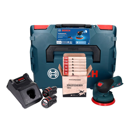 Bosch GEX 12V-125 Ponceuse excentrique professionnelle sur batterie 12 V 125 mm sans balais + 2x batteries 3,0 Ah + chargeur + kit de ponçage Toolbrothers TURTLE + L-Boxx