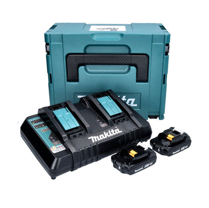 Kit source d'alimentation Makita 18 V avec 2x batterie BL 1820 B 2,0 Ah (2x 197254-9) + chargeur rapide double DC 18 RD (196933-6) + Makpac