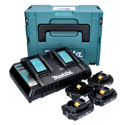 Kit source d'alimentation Makita 18 V avec 4 batteries BL 1820 B 2,0 Ah (4x 197254-9) + chargeur rapide double DC 18 RD (196933-6) + Makpac