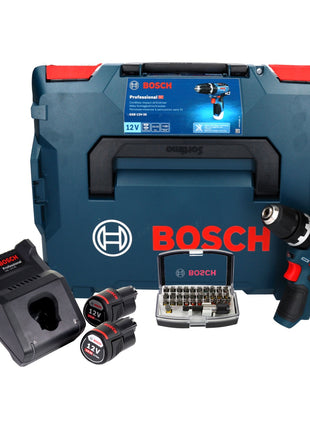 Bosch GSB 12V-35 Professional perceuse à percussion sans fil 12 V 35 Nm sans balais + 2 batteries 3,0 Ah + chargeur + jeu d'embouts 32 pièces + L-Boxx