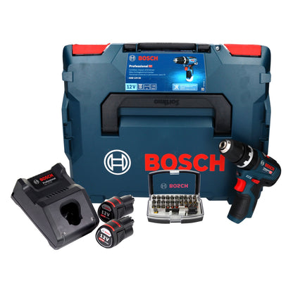 Bosch GSB 12V-35 Professional Akku Schlagbohrschrauber 12 V 35 Nm Brushless + 2x Akku 3,0 Ah + Ladegerät + 32 tlg. Bitset + L-Boxx