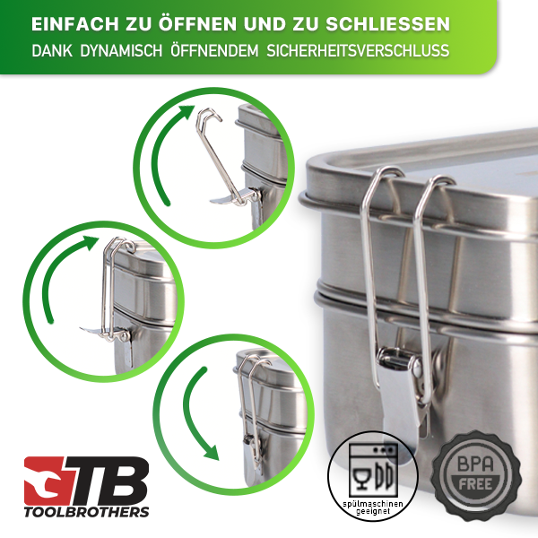 Toolbrothers Fan Edelstahl Brotdose mit 2 Etagen und Edelstahl Deckel 1340 ml - Toolbrothers