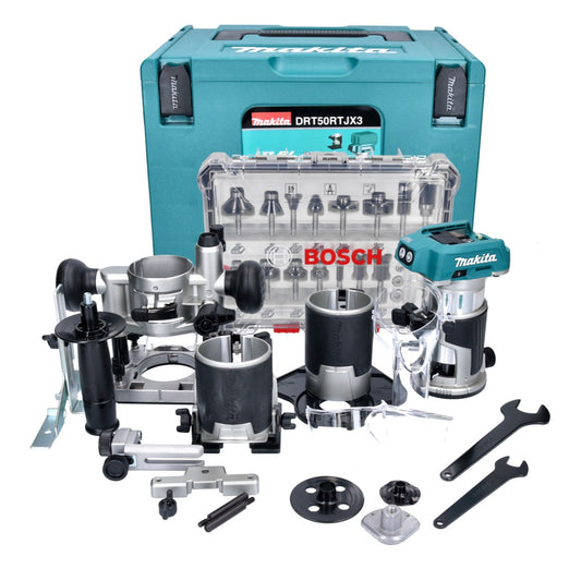 Fraiseuse multifonctionnelle sur batterie Makita DRT 50 ZJX3 18 V sans balais + modules de fraisage + jeu de fraises 15 pièces + Makpac - sans batterie, sans chargeur