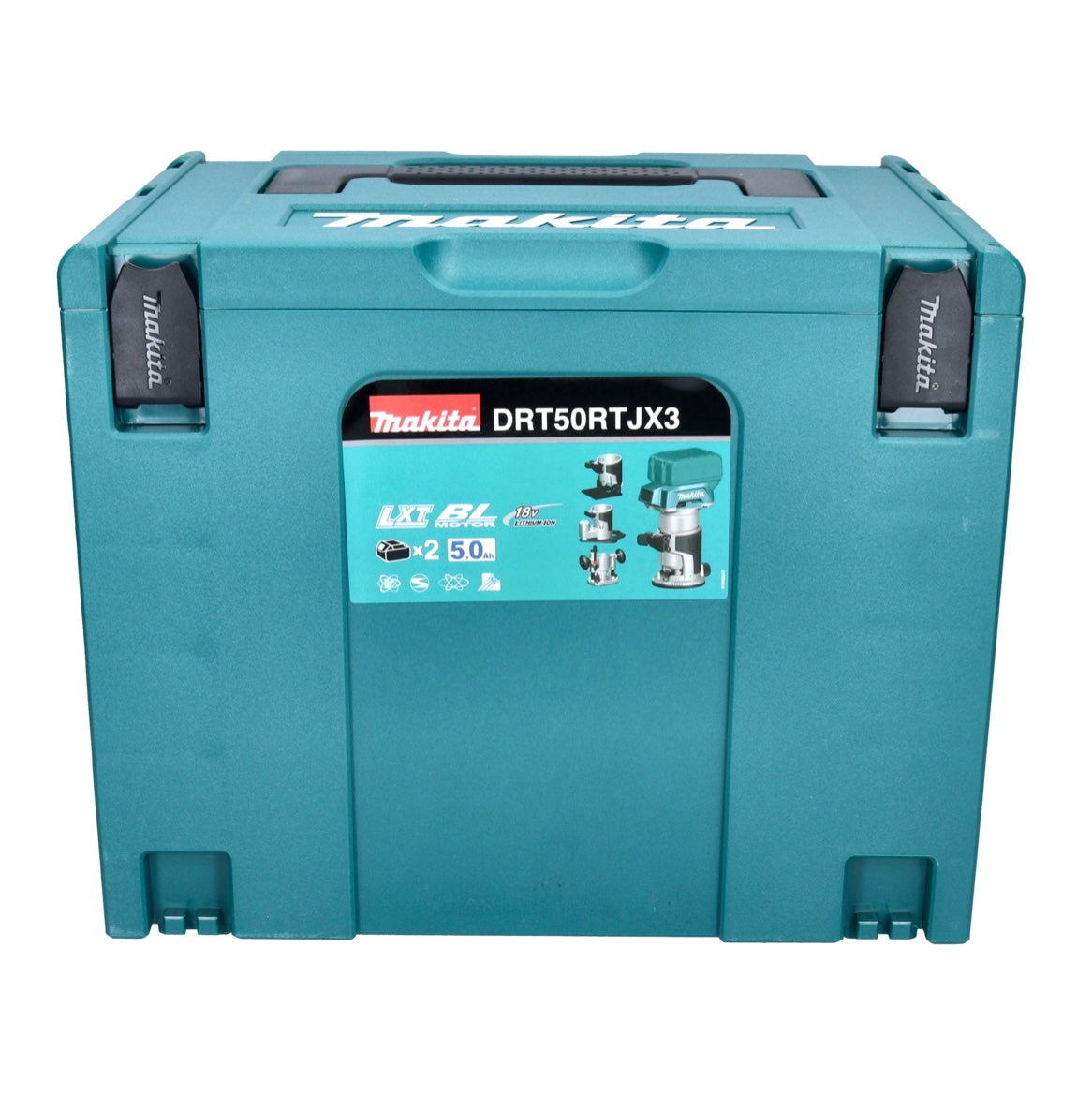 Fraiseuse multifonctionnelle sur batterie Makita DRT 50 ZJX3 18 V sans balais + modules de fraisage + jeu de fraises 15 pièces + Makpac - sans batterie, sans chargeur