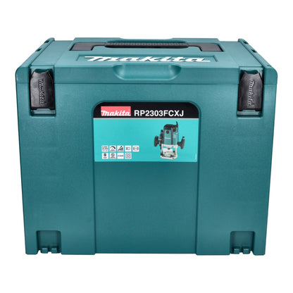 Makita RP 2303 FCXJ Oberfräse 2100 Watt 70 mm Hub + Anschlag + 15 tlg. Fräser Set + Makpac