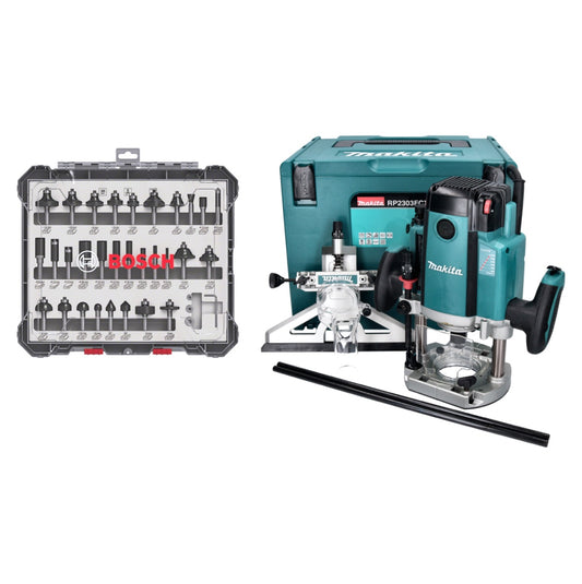 Défonceuse Makita RP 2303 FCXJ 2100 watts course 70 mm + butée + jeu de fraises 30 pièces + Makpac