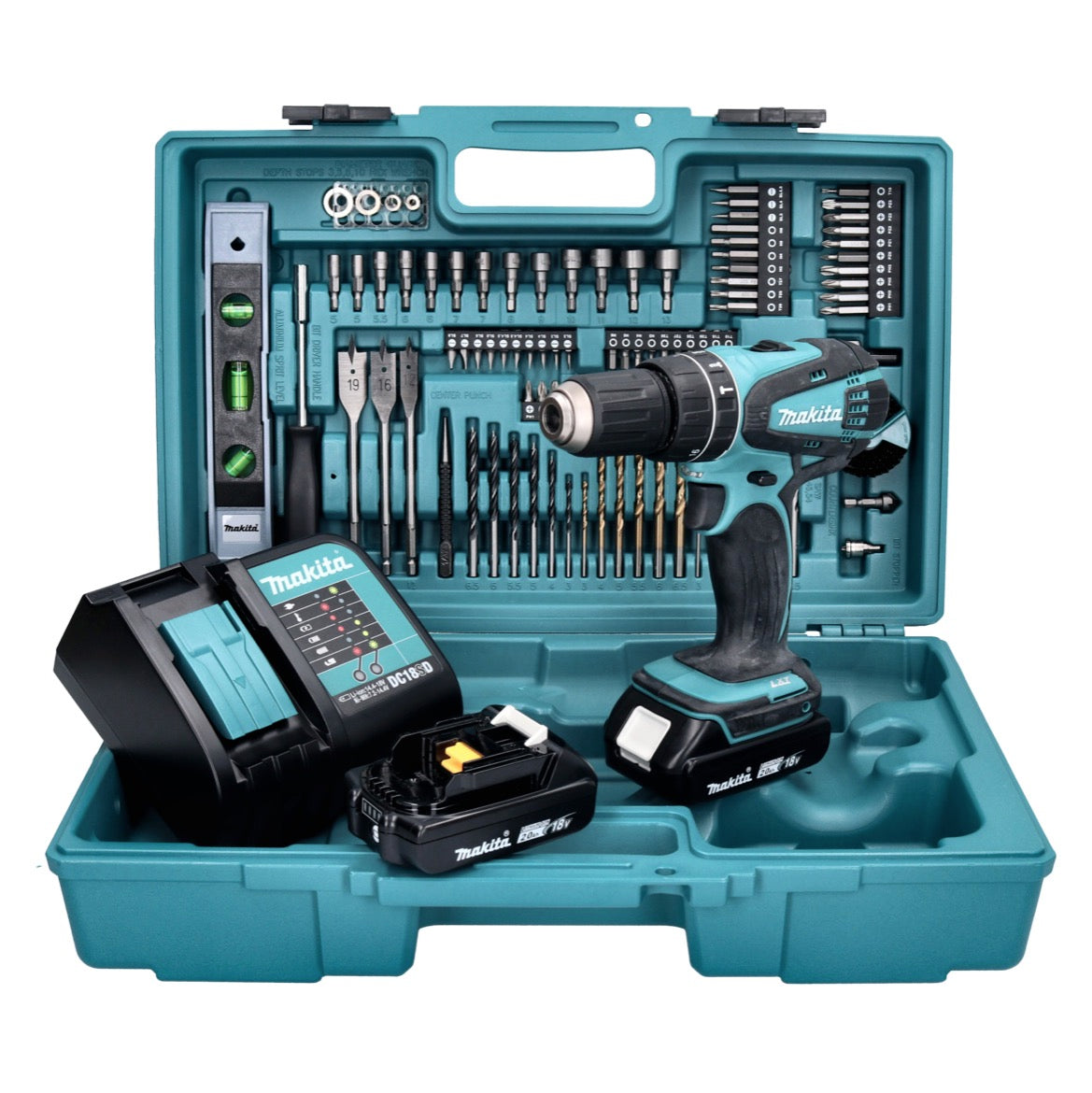 Makita DHP 456 SA2X5 Akku Schlagbohrschrauber 18 V 50 Nm + 2x Akku 2,0 Ah + Ladegerät + 101 tlg. Zubehör Set + Koffer