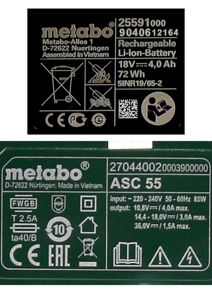 Kit de base Metabo 2x batterie Li-Power 18 V 4,0 Ah CAS batterie Li-Ion + chargeur ASC 55 (685050000)