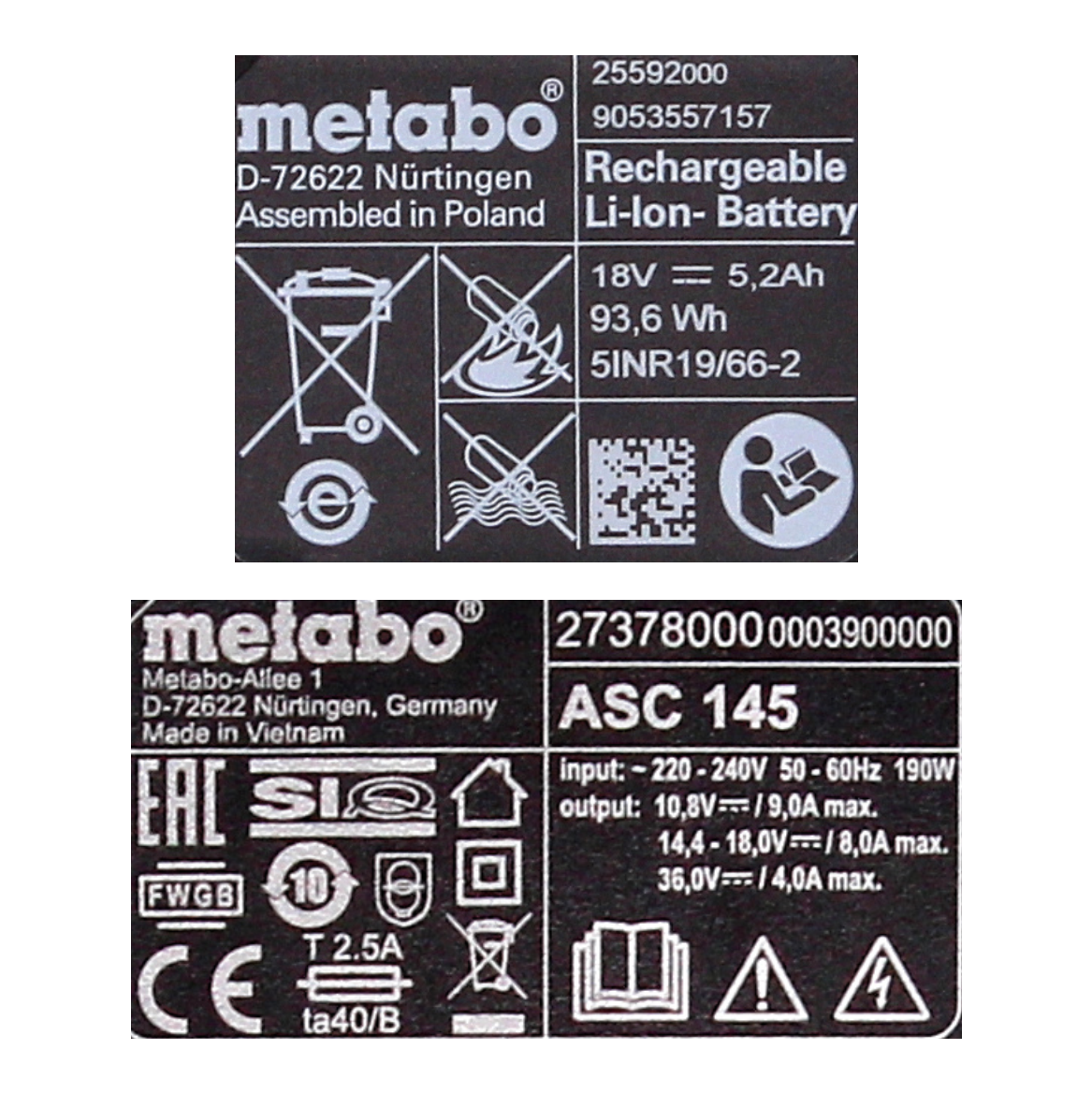 Kit de base de batterie Metabo 18V avec 2x batteries 5,2Ah + chargeur ASC 145 (685051380)