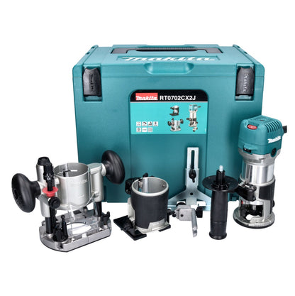 Makita RT 0702 CX2J Multifunktionsfräse 710 W 6 / 8 mm + Oberfräsenmodul + Kantenfräsenmodul + Winkelfräsenmodul + Makpac