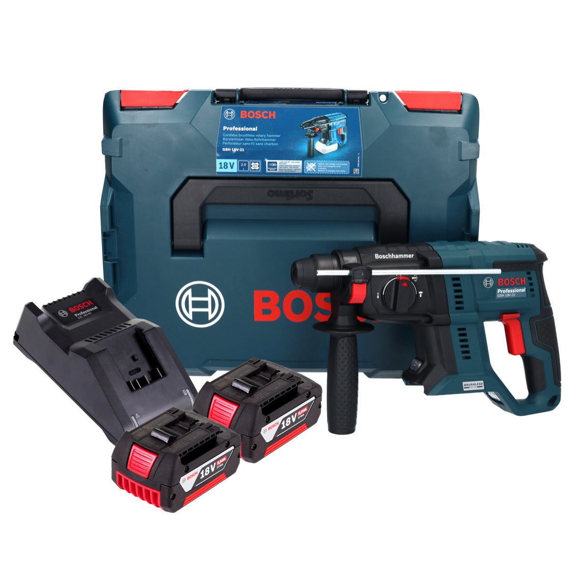 Bosch GBH 18V-21 Professional marteau perforateur sans fil 18 V 2,0 J sans balais + 2x batteries 5,0 Ah + chargeur + L-BOXX