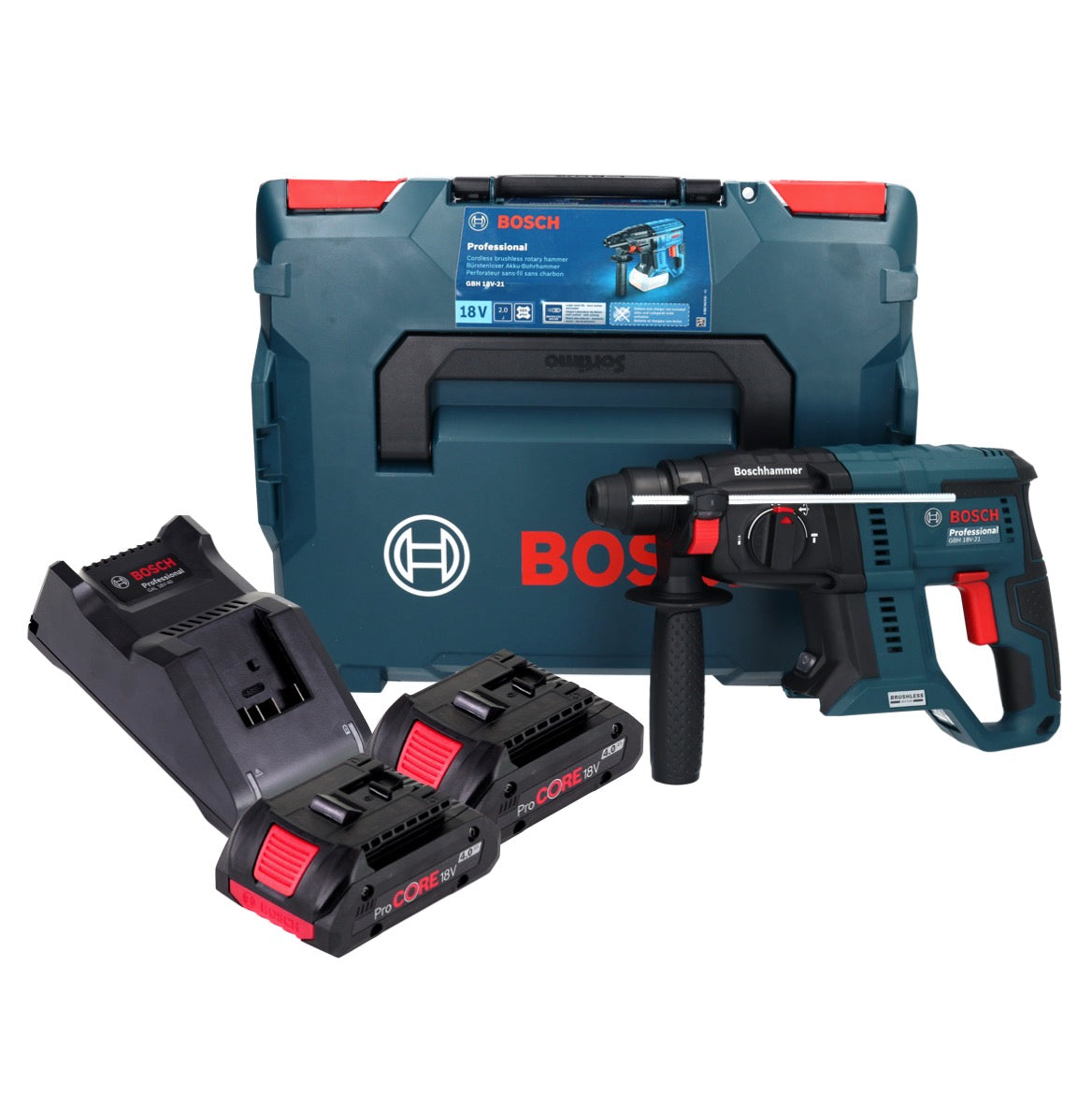 Bosch GBH 18V-21 Professional marteau perforateur sans fil 18 V 2,0 J sans balais + 2x batterie ProCORE 4,0 Ah + chargeur + L-BOXX