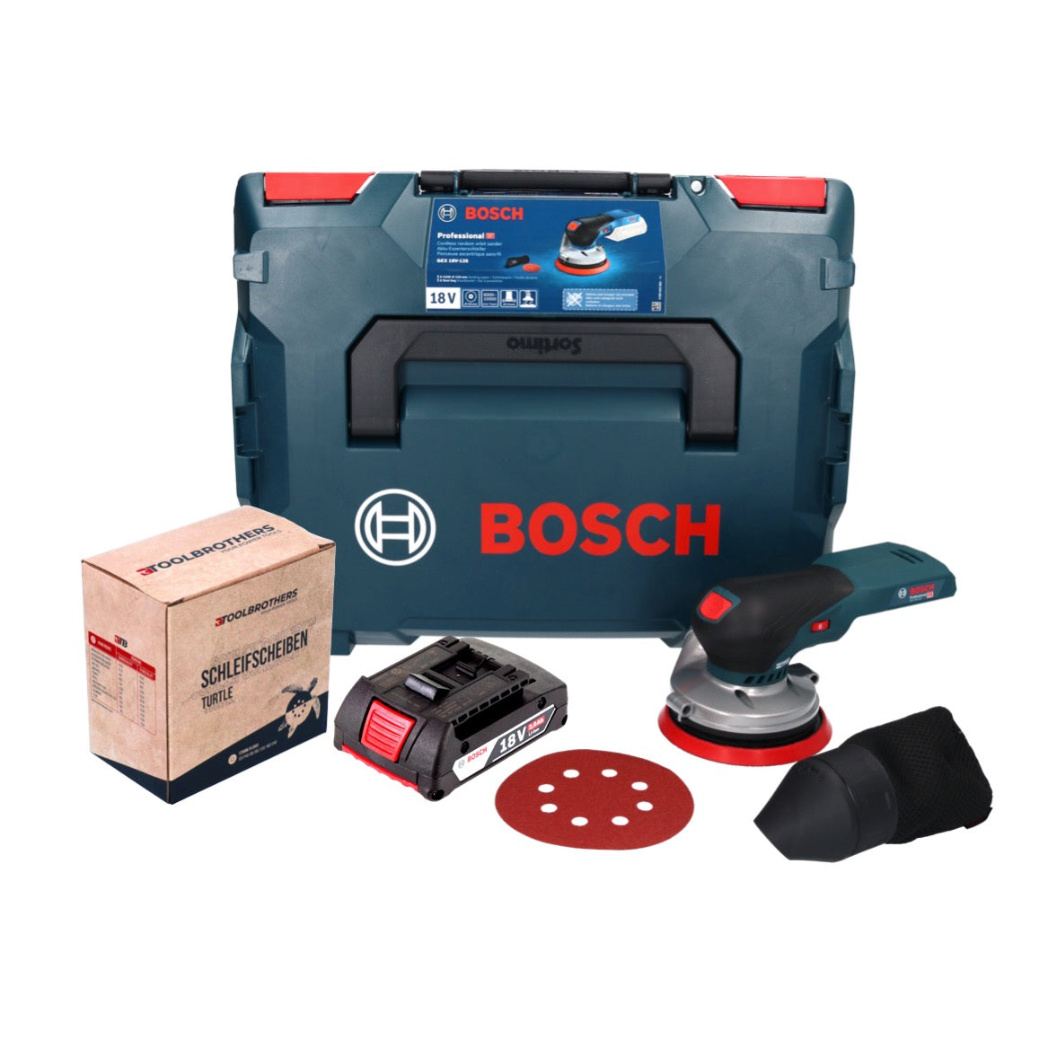 Bosch GEX 18V-125 Ponceuse excentrique professionnelle sur batterie 18 V 125 mm sans balais + 1x batterie 2,0 Ah + 1x kit de ponçage Toolbrothers TURTLE + L-BOXX - sans chargeur