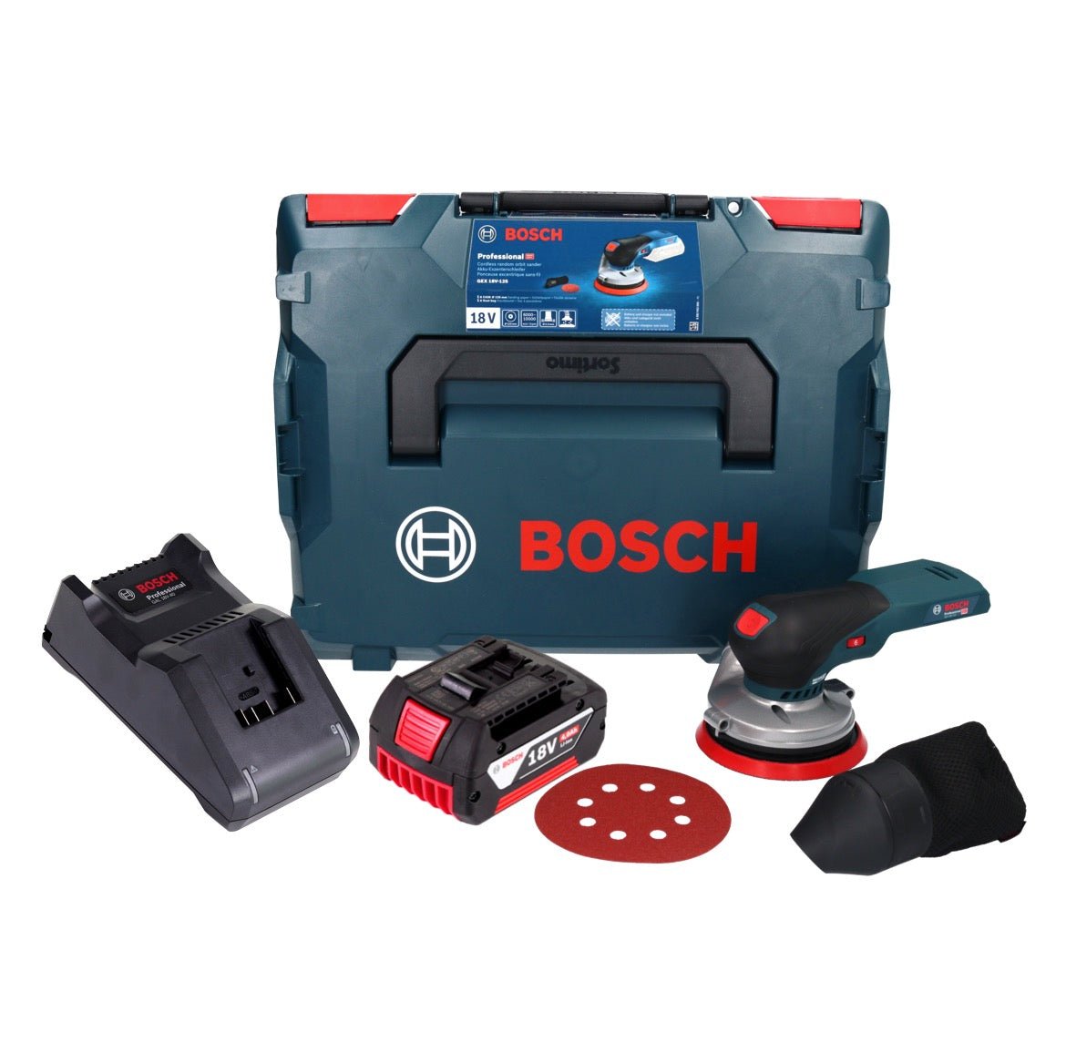 Bosch GEX 18V-125 Professional Akku Exzenterschleifer 18 V 125 mm Brushless + 1x Akku 4,0 Ah + Ladegerät + L-BOXX