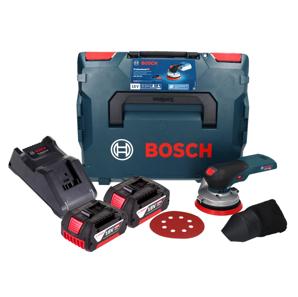 Bosch GEX 18V-125 Professional Akku Exzenterschleifer 18 V 125 mm Brushless + 2x Akku 4,0 Ah + Ladegerät + L-BOXX