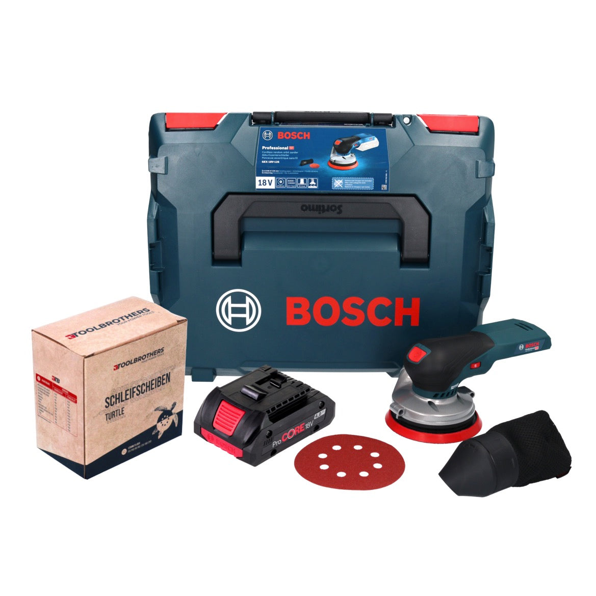 Bosch GEX 18V-125 Ponceuse excentrique sur batterie professionnelle 18 V 125 mm sans balais + 1x kit de ponçage Toolbrothers TURTLE + 1x batterie ProCORE 4,0 Ah + L-BOXX - sans chargeur