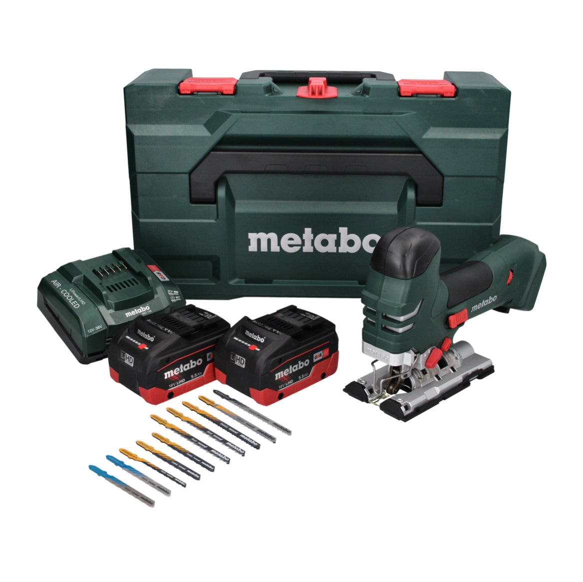 Metabo STA 18 LTX 140 Akku Stichsäge 18 V + 2x Akku 5,5 Ah + Ladegerät + 10 tlg. Stichsägeblatt Set + metaBOX